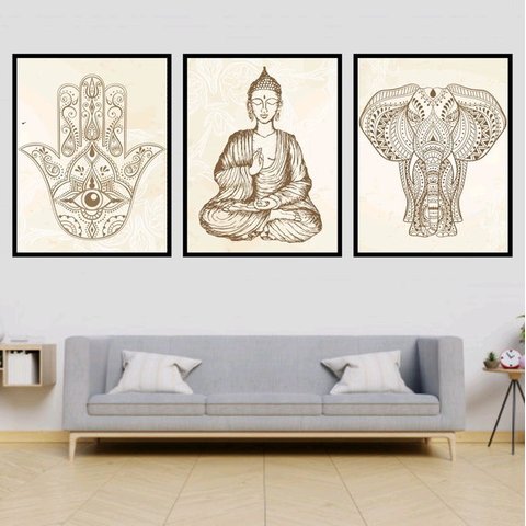 Kit 3 Quadros Buda Zen, Hamsa, Elefante 24x18cm - com vidro:Madeira preta