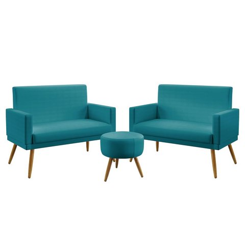 Kit 2 Poltronas Namoradeira Nina com Rodapé e Puff Solar Suede Azul Turquesa Aradecor