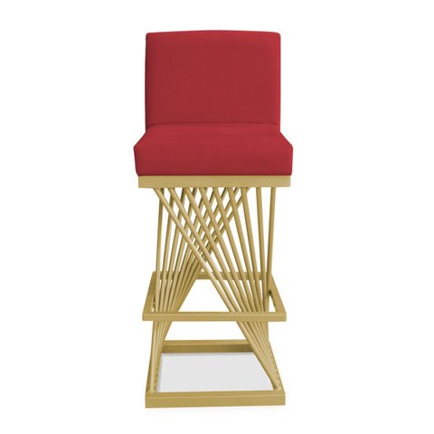 Banqueta Alta Área Gourmet Cozinha Restaurante Bar Base de Metal Dourado Suede Vermelho Eli Móveis