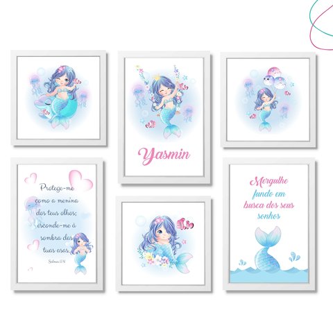 Kit 6 Quadros Decorativos Moldura\vidro Sereia:branca