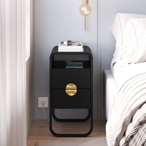 Mesa de Cabeceira 30cm 2 Gavetas Organica Pé Metal Luna Preto