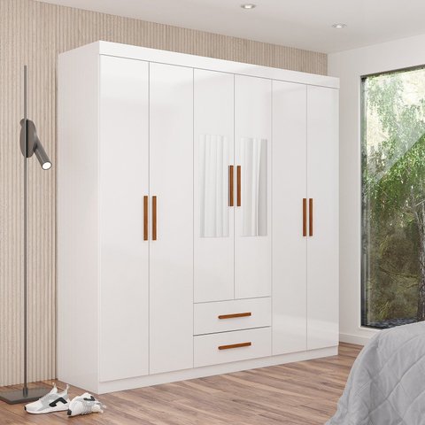 Guarda-Roupa 6 Portas 2 Gavetas com Espelho Aurora Branco