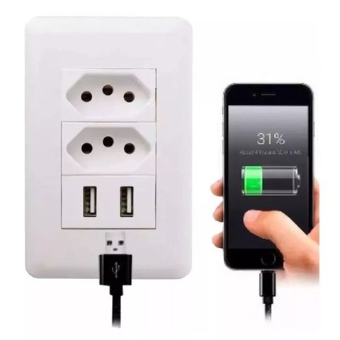 Tomada Usb 3a 2 Entradas Parede Espelho 5v Carregador Bivolt