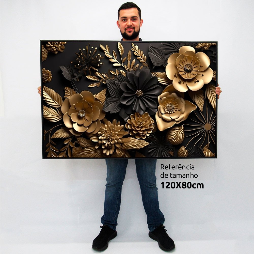 Quadro Decorativo Caixa Floral Luxo Flores Preto e Dourado Tacolado Moldura Caixa Alta 4,5cm Madeira - 2