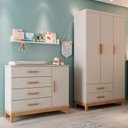 Ver imagem 1 de Conjunto Quarto de Bebê com Guarda Roupa 3 Portas e Cômoda 100% MDF Hellen Branco/Off White/Betula