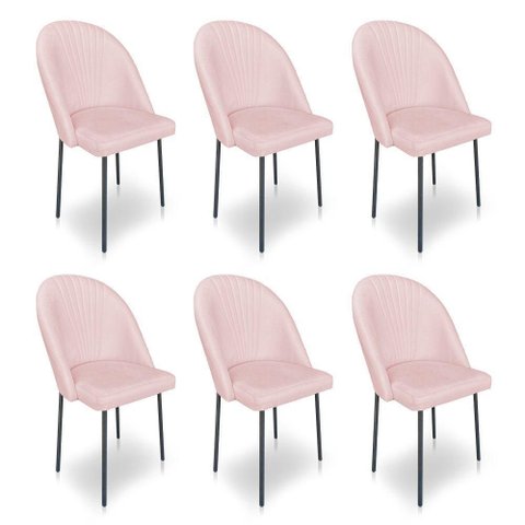 Kit 6 Cadeiras Poltrona de Jantar Ariel Suede Rosa Bebê Pés de Ferro Preto - Pallazio
