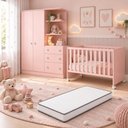Ver imagem 1 de Kit Quarto de Bebê Doce Sonho com Berço com Rodízio Guarda Roupa com Cômoda e Colchão D18 130x60 Mov
