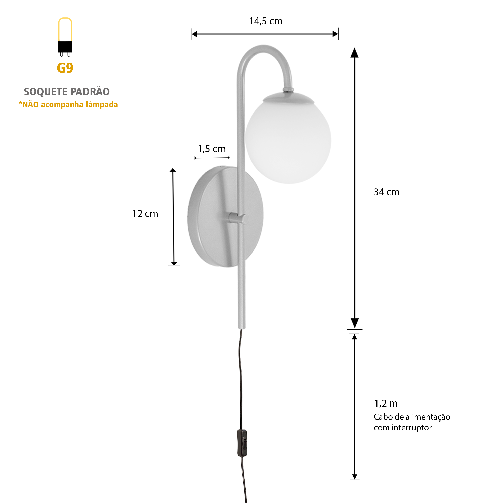 Luminária Parede Jabuticaba Interruptor Globo Vidro Preto - 4