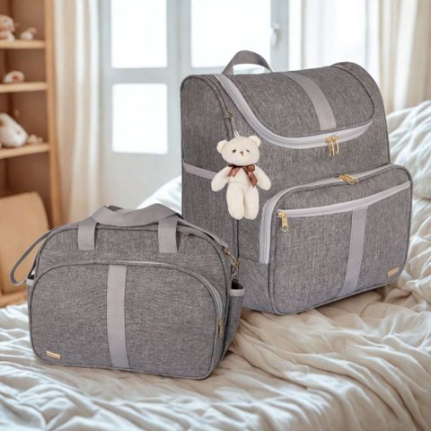 Kit Bolsa Maternidade 2 Peças com Mochila 2 em 1 Faixa Luxo Amor:cinza