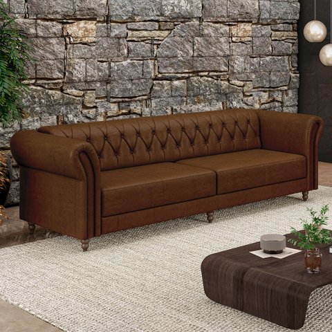 Sofá Living Sala de Estar Stanford Chesterfield 3 Lugares 260cm Pés de Madeira Couro Marrom Manchado