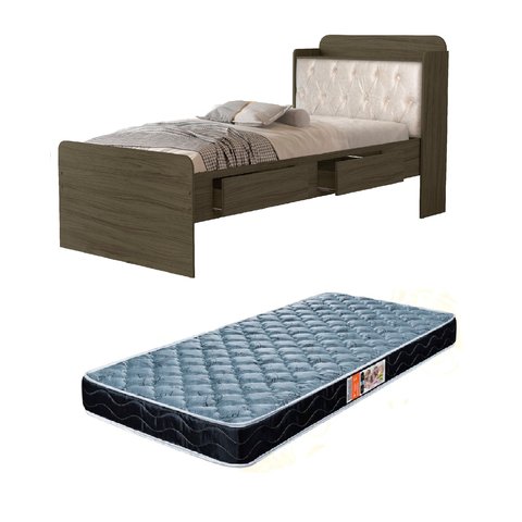 Cama de Solteiro Tamires com Capitone Estofado Gavetas Prateleiras e Bau Acompanha + Colchão D20