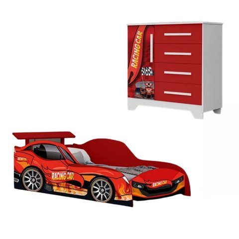 Jogo de Quarto Infantil Meninos Carro Cama Cômoda Resistente:vermelho