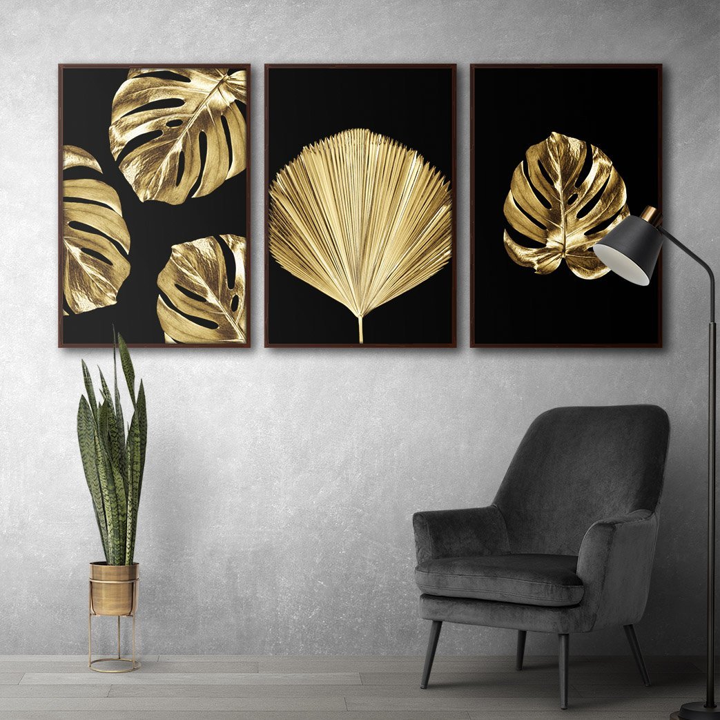 Quadro Premium Textura CXAlta Folha Ouro em Preto2 3un 40x60 - Moldura Madeira - 3