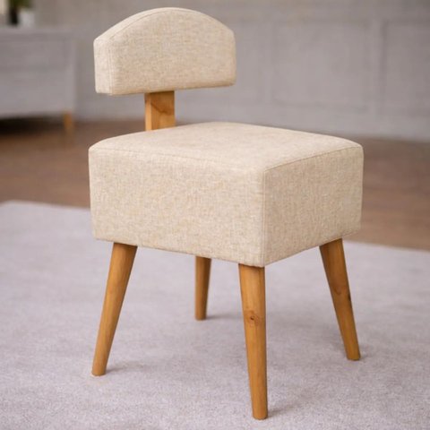 Puff com Encosto Tecido Linho Bege Pés Palito Luxo Sala