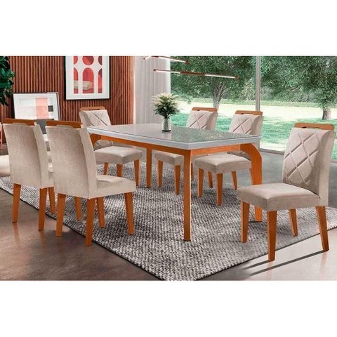Conjunto: Mesa de Cozinha Londrina Tampo Madeirado C/ Vidro Curvo 120x80 e 4 Cadeiras Melissa Imbuia