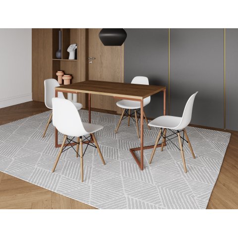 Mesa de Jantar Industrial Base Ferro Cobre em  V  Tampo 137x90 Amêndoa 4 Cadeiras Eames Madeira Asse