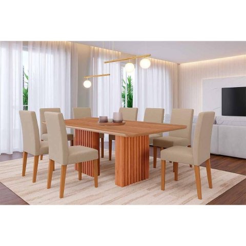 Sala de Jantar Completa Ester Tampo Madeirado 210x100cm e 8 Cadeiras Maia Cinamomo - Nature/suede