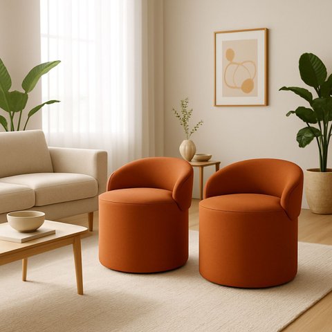 Kit 2 Puff Encosto Suede Redondo Sala Banco Orgânico Quarto:terracota