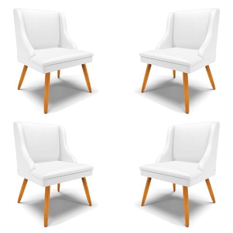 Kit 4 Cadeiras Decorativas Sala de Jantar Pés Palito de Madeira Firenze Pu Branco Fosco/natural G19