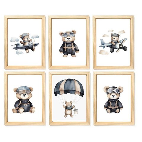 Kit Quadro Infantil Urso Aviador Aquarela Decorativo Quarto Criança Bebê Menino
