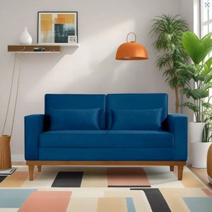 Sofá Living Valência 1,58 Mts C/ Base Madeira Veludo Azul C/ 2 Almofadas -d28