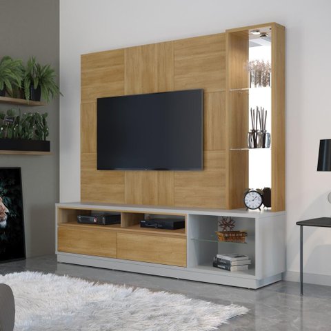 Home Rack Para TV Até 65 Polegadas Sala Quarto 2 Portas 3 Prateleiras MDF Marrom Madeira Off White
