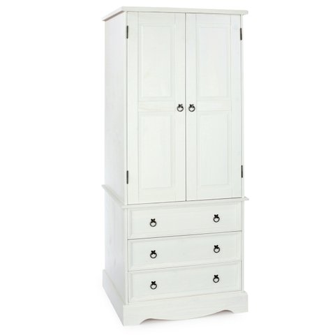 Guarda Roupa de Madeira com 2 Portas e 3 Gavetas na Cor Branco Lavado