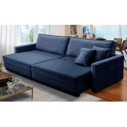 Sofá Cama Retrátil e Reclinável 2,30m com Molas Karina Veludo Azul Rover & Beato - 1