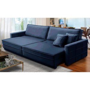 Sofá Cama Retrátil e Reclinável 2,30m com Molas Karina Veludo Azul Rover & Beato