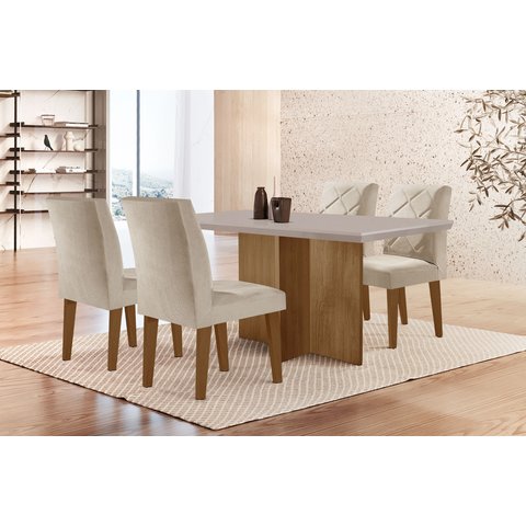 Conjunto Sala de Jantar Mesa com 4 Cadeiras Cayman Yescasa Marrom/Off White/Imbuia/Veludo Creme