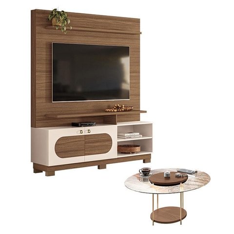 Estante Home Theater Axis Castanho Off White com Mesa de Centro Sky com Tampo de Vidro Castanho - Hb