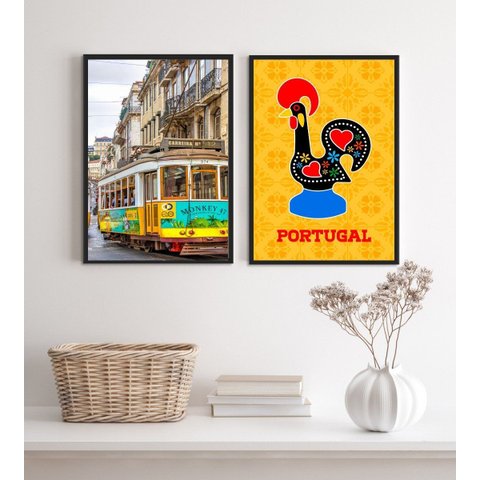 Kit 2 Quadros Portugal- Galo Barcelos e Bondinho 24x18cm - com Vidro:madeira Preta