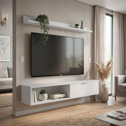 Rack TV Suspenso Z49 55 pol 136cm MDP Porta Basculante Lila Off White Mpozenato