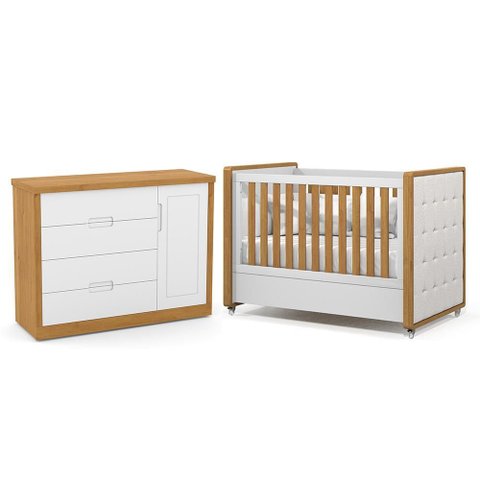Jogo de Quarto Infantil Tutto New Cômoda 1 Porta e Berço Branco Soft/freijó com Capitonê - Matic