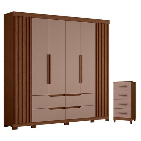 Guarda Roupa Doble Casal 06 Portas e Cômoda Mobi 04 Gavetas Nogueira Capuccino - Móveis Albatroz
