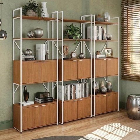 Kit 3 Estantes Altas para Livros Escritório 12 Portas 202cm x 216cm Industrial Marrom/Canela/Branco Brilho
