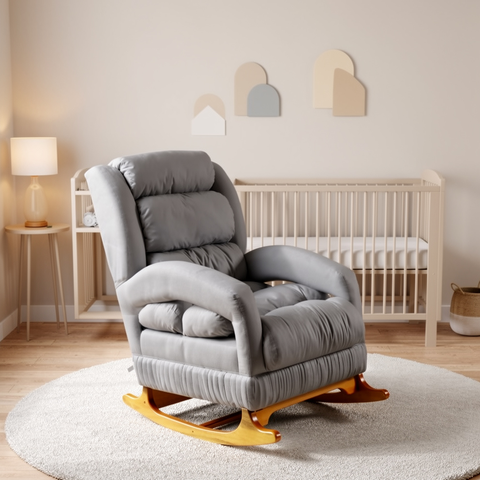 Poltrona Amamentação com Balanço Luna Suede Cinza Base de Madeira C05 - D'rossi