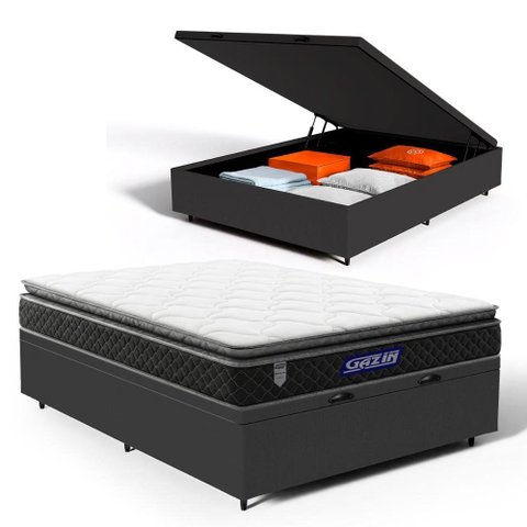 Cama Box Baú com Colchão Gazin de Espuma D28 Pillow Top Ortoblack Casal 138cm