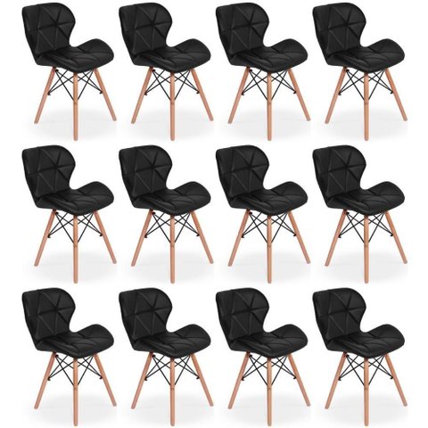 Kit 12 Cadeiras de Jantar Charles Eames Slim Wood Estofada - Preto