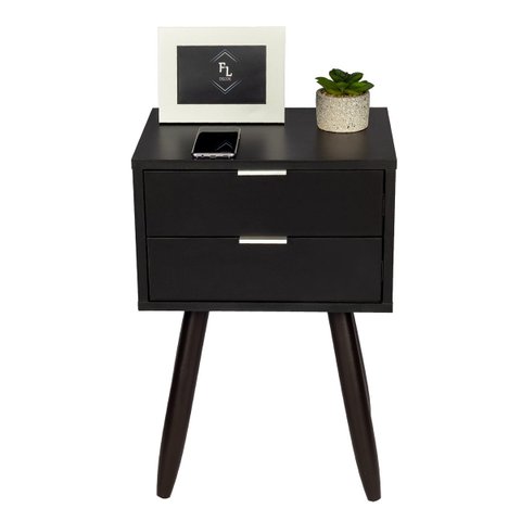 Mesa De Cabeceira Retro Preto COM 2 GAVETAS DE 30cm Pé MARROM ESCURO ENVIO MONTADA