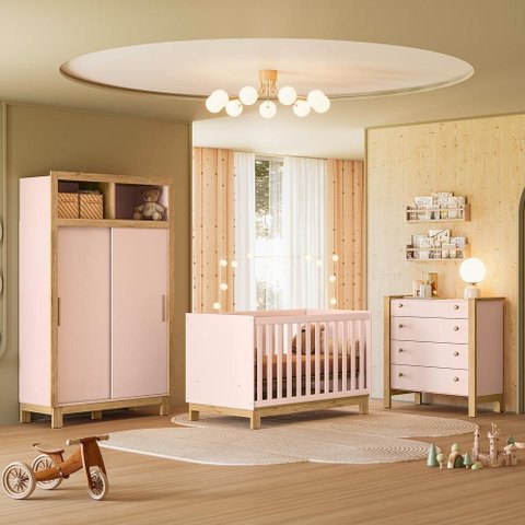 Quarto Infantil Flora Guarda Roupa 2 Portas Correr, Comoda 4 Gavetas, Berço Rosa Acetinado