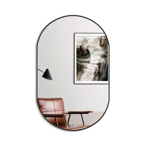 Espelho Brillare Decorativo Oval 80x50 com Borda em Couro + Suporte Preto