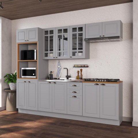 Armário de Cozinha Modulada Completa Fidelitá Nara 100% MDF 5 Peças 270cm 14 Portas 2 Gavetas sem
