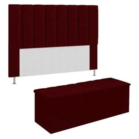 Kit Cabeceira + Calçadeira Baú Solteiro 90cm Suede Bordô