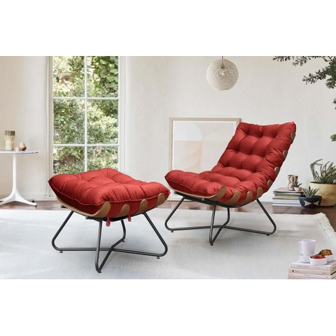Poltrona Costela Decorativa com Puff Madeira Eva Preto- Vermelho