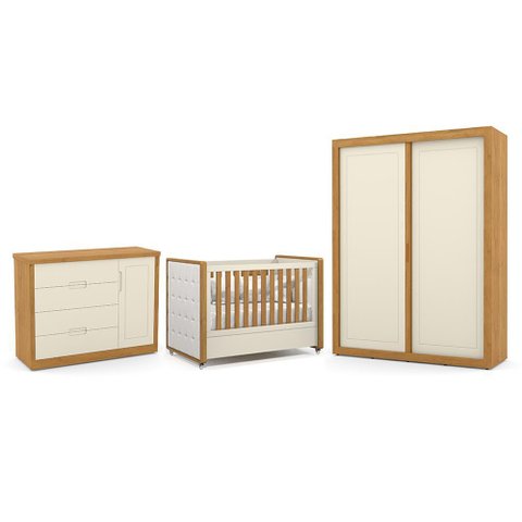 Dormitório Tutto New 2 Portas, Cômoda 1 Porta e Berço Off White/freijó com Capitonê - Matic Mó