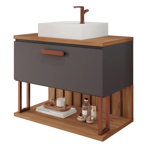 Armário Gabinete Banheiro 80cm Mdf com Cuba Porta e Nicho Titanium