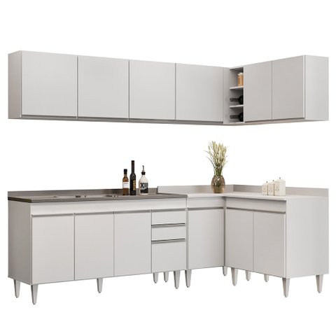 Armário de Cozinha Modulado de Canto 6 Peças Cp33 com Pia Inox Branco - Lumil Lumil Móveis