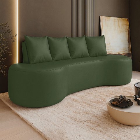 Sofá 3 Lugares Orgânico 210cm com Almofadas Benin Sintético Pu Musgo B03 - D’Rossi
