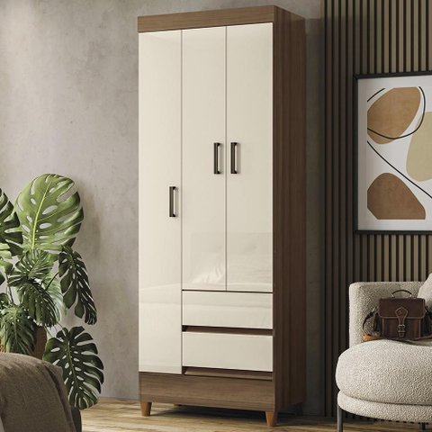 Guarda Roupa Solteiro 70cm 3 Portas 2 Gavetas Thales Jequitibá/Off S01 - Mpozenato